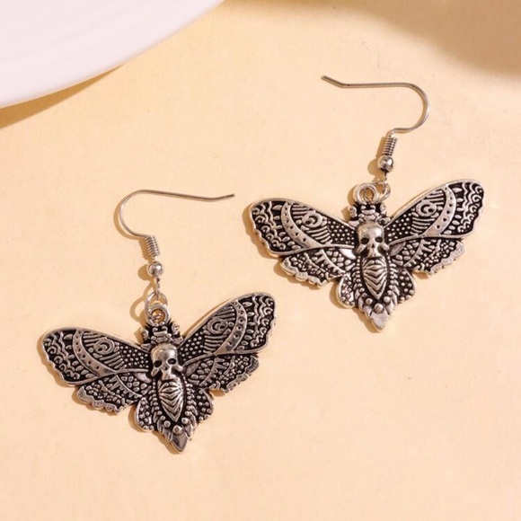 Moth Skull Gothic Dangle Earrings - Picture 3 of 7